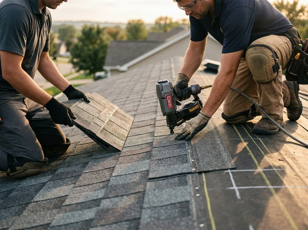 Professional roofer working on a residential roof in Grants